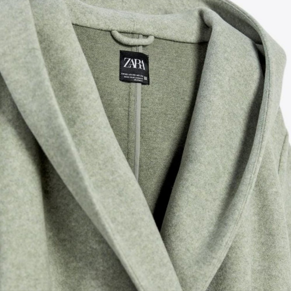 ZARA BELTED HOODED SOFT COAT LIGHT GREEN SIZE XS